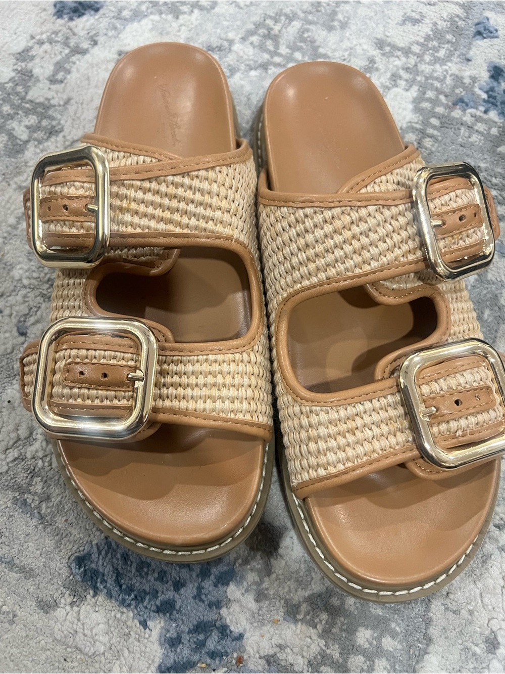 Universal Thread Tan Woven Double-Buckle Slide Sandals with Gold Buckles